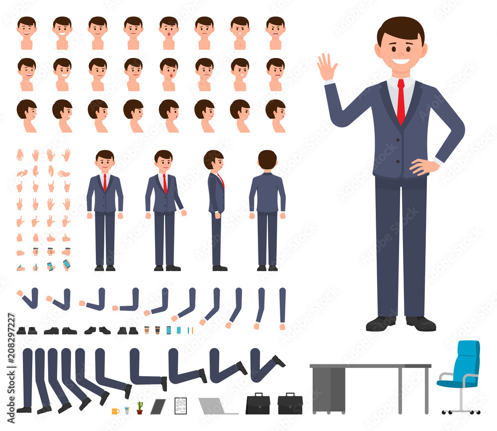 Businessman in dark blue suit character creation set. Vector cartoon style office manager constructor Businessman in dark blue suit character creation set. Vector cartoon style office manager constructor