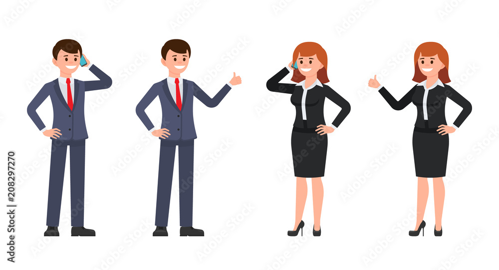Man and woman office workers cartoon character. Vector illustration of male and female use phone and thumb up