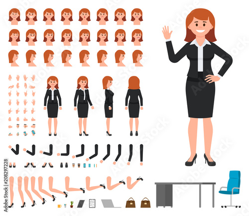 Businesswoman in black suit character creation set. Vector cartoon style girl office manager constructor