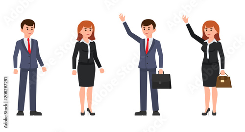 Man and woman office clerks cartoon characters. Vector illustration of coworkers with waving hands