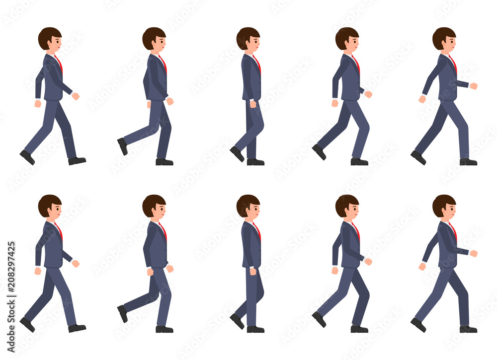 Young man in dark blue suit walking sequence. Vector illustration of moving cartoon  character person Stock Vector | Adobe Stock