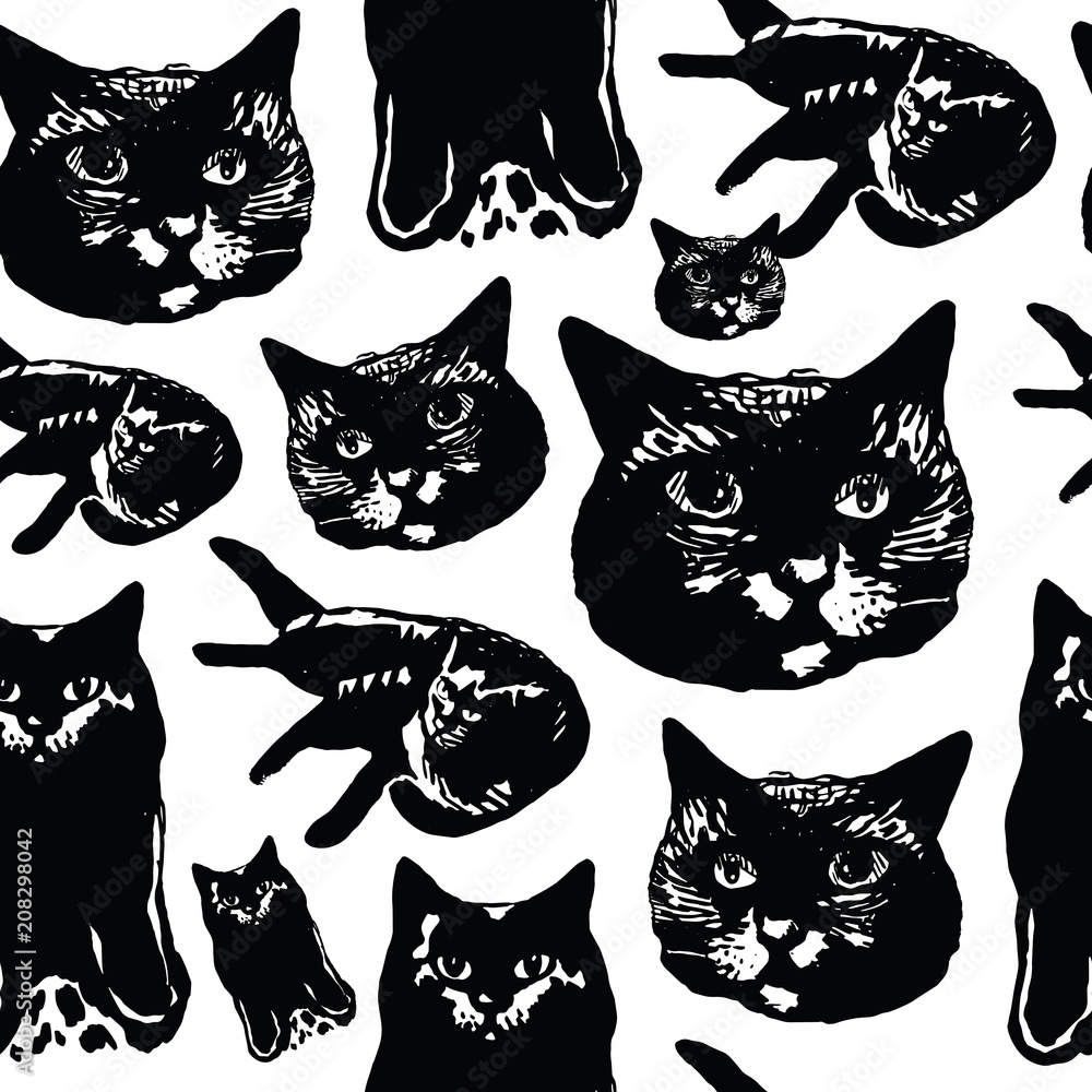 Seamless pattern with ink graphic elements - cats. Vector illustration