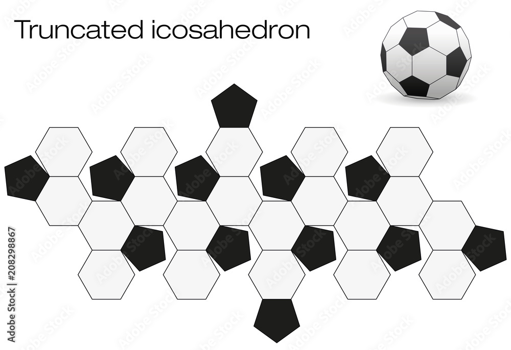 Unfolded soccer ball surface. Geometric polyhedron called truncated