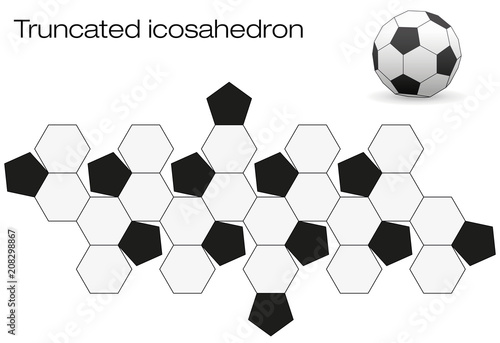 Unfolded soccer ball surface. Geometric polyhedron called truncated icosahedron, an Archimedean solid with twelve black pentagonal and twenty white hexagonal faces. photo