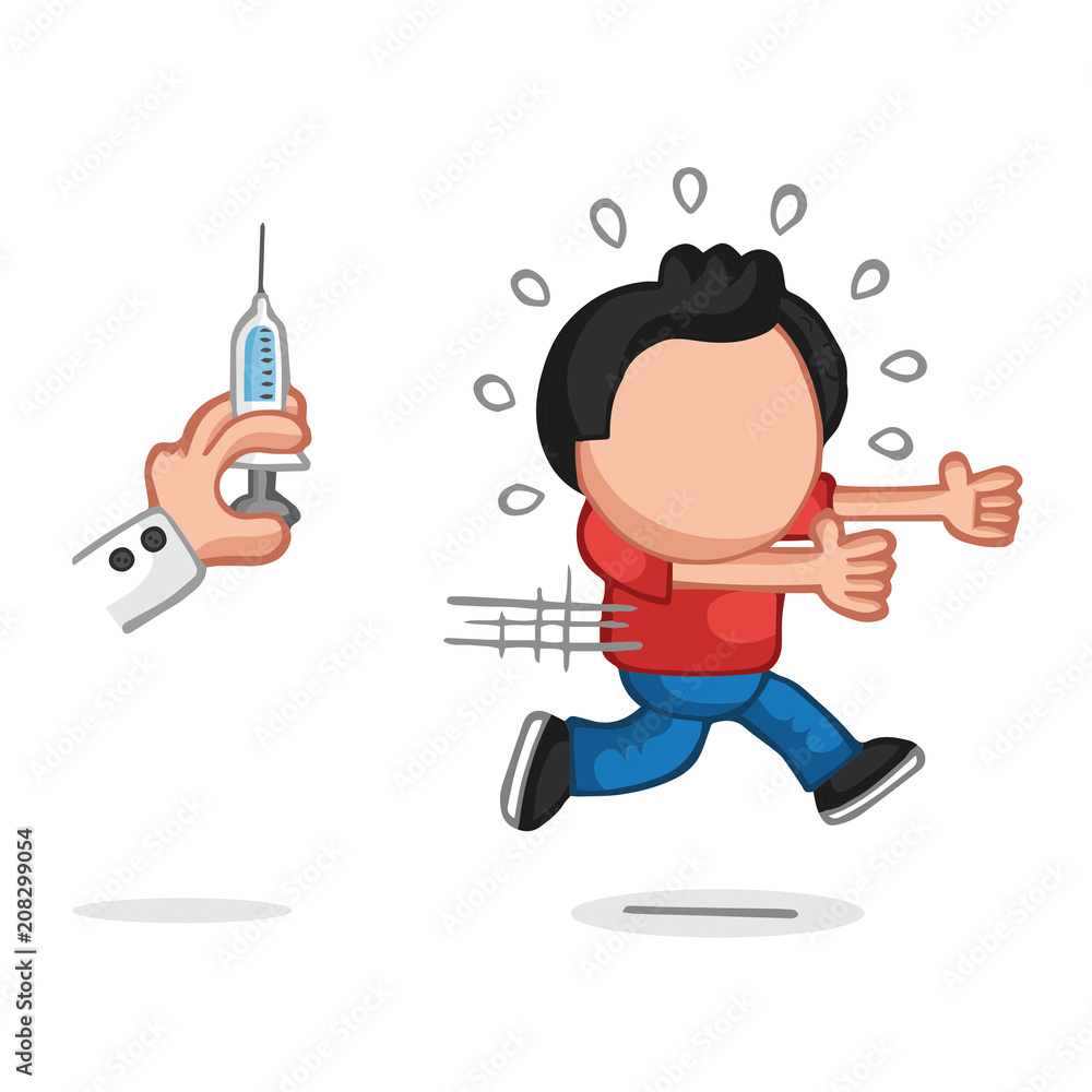 Vector hand-drawn cartoon of man afraid and running from doctor's syringe Vector hand-drawn cartoon of man afraid and running from doctor's syringe