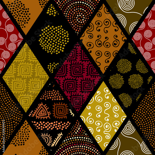 Tribal boho seamless pattern in african style on black background. Tribal art print. Patchwork pattern of a rhombuses. Vector image.