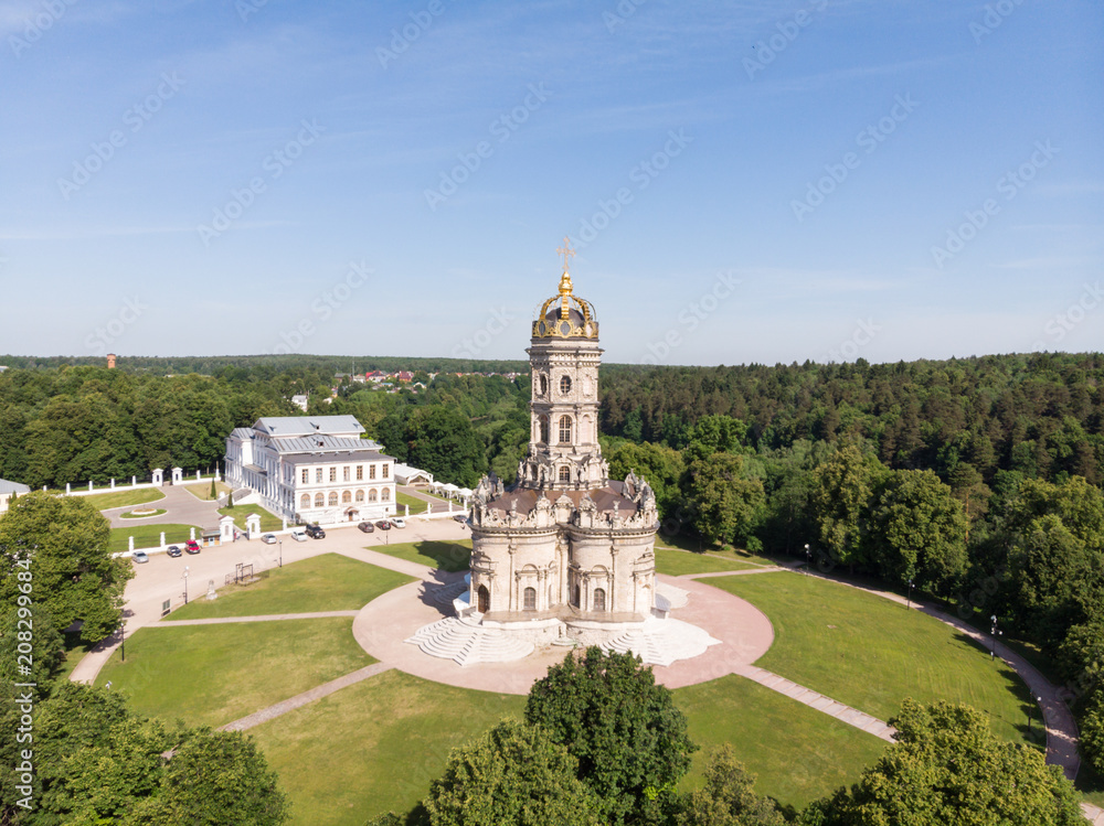 top view of Church of Sign of Blessed Virgin in Dubrovitsy Znamenskaya church . Stone carving. Sculpture. Dubrovitsy manor