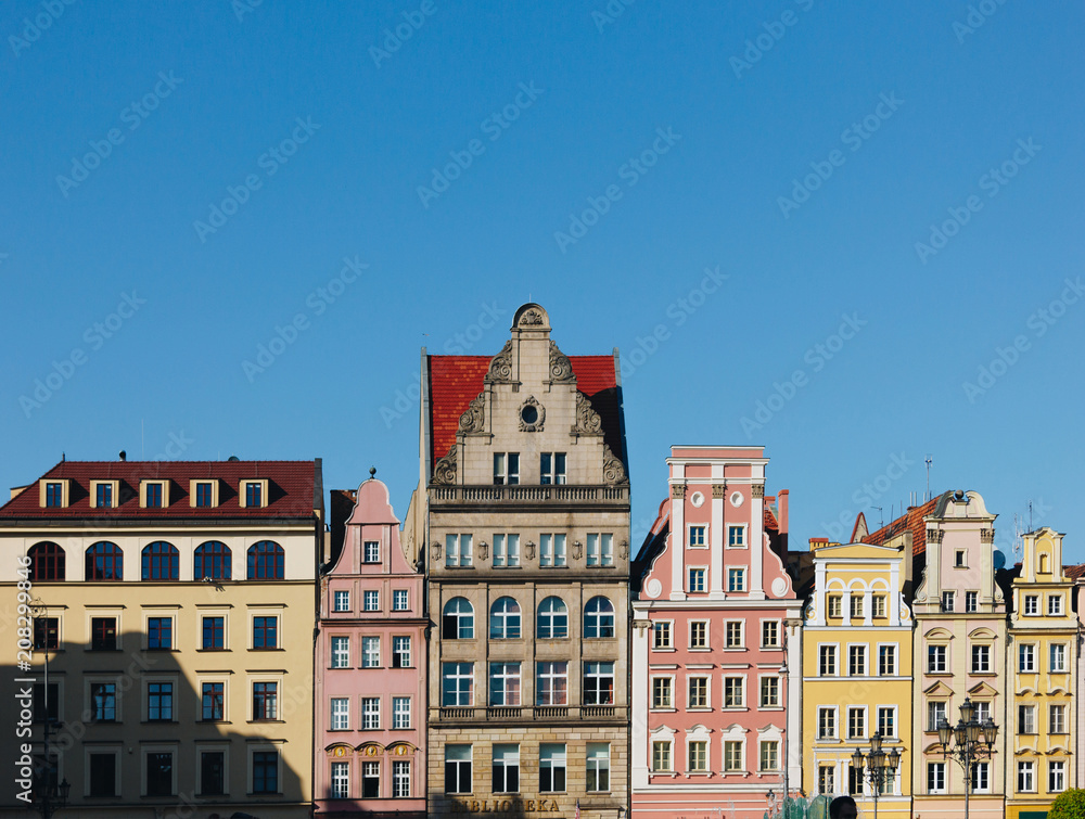 beautiful colorful facades of antique building at Wroclaw, Poland