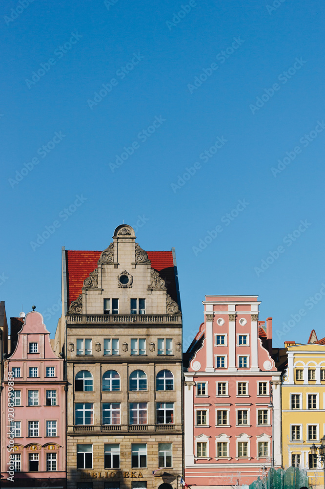 colorful facades of antique building at Wroclaw, Poland