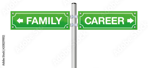 FAMILY or CAREER, written on street signs - go for being mother or father or go for business, job, success - isolated vector illustration on white background.
