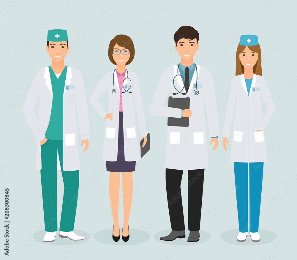 Group of four medical people standing together in uniform. Doctors and nurses in different poses on white background. Group of four medical people standing together in uniform. Doctors and nurses in different poses on white background.
