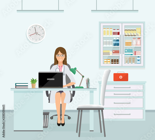 Woman doctor in uniform sitting in doctor's office. Medical consulting room interior with table, cabinet with drugs.