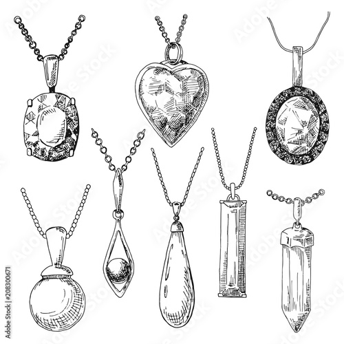 Hand drawn a set of different jewelry. Vector illustration of a sketch style.