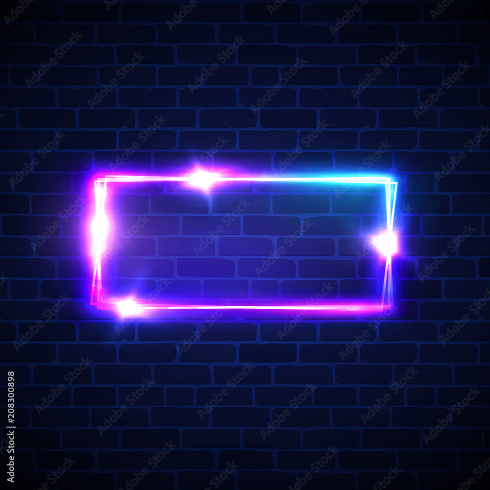 Neon signage. Rectangle frame with glowing. Electric bright 3d street sign banner on dark brick texture wall. Abstract square background with neon lights flare and sparkle. Vintage vector illustration Neon signage. Rectangle frame with glowing. Electric bright 3d street sign banner on dark brick texture wall. Abstract square background with neon lights flare and sparkle. Vintage vector illustration