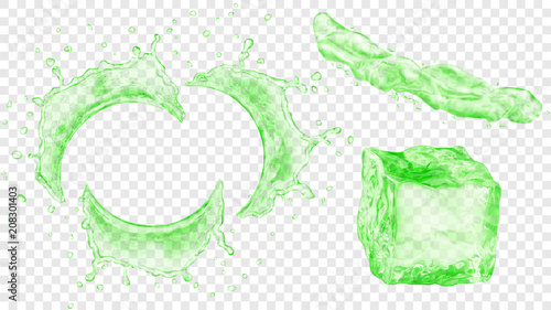 Set of translucent semicircular water splashes with drops, jet of liquid and ice cube in green colors, isolated on transparent background. Transparency only in vector format