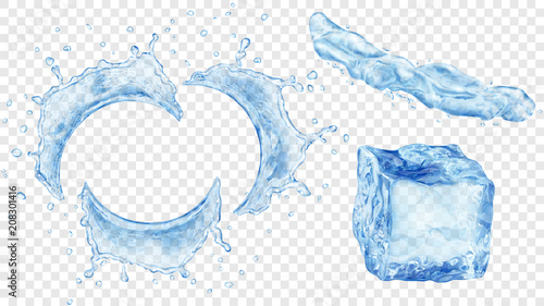 Set of translucent semicircular water splashes with drops, jet of liquid and ice cube in blue colors, isolated on transparent background. Transparency only in vector format