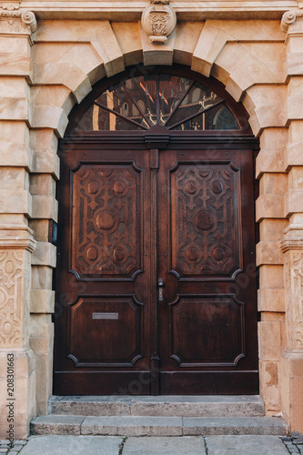 old wooden doors of european building, Wroclaw, Poland