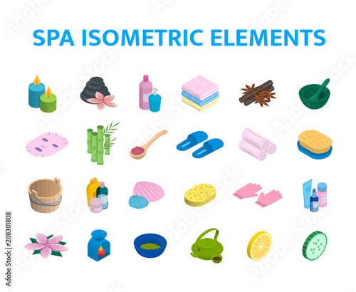 Vector isometric icons spa elements set. 3d realistic spa and massage salon objects collection. Candles, skincare, facial mask, aromalamp and bamboo