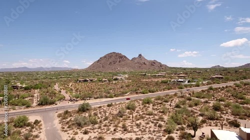 Arizona Aerial Desert Highway Climbing Fly By with Houses