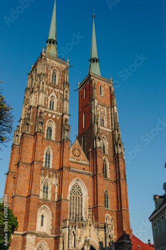bottom view of beautiful Cathedral of St John Baptist, Wroclaw, Poland