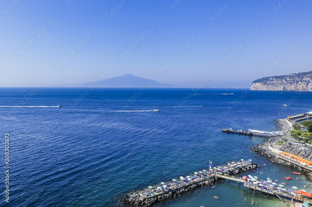 Scenic  view of Sorrento, Neapolitan Riviera, Vesuvius volcan. Italy, during summertime