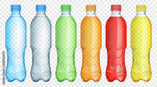 Set of multicolored translucent plastic bottles filled with light blue, gray, green, orange, red and yellow juice or water, isolated on transparent background. Transparency only in vector format