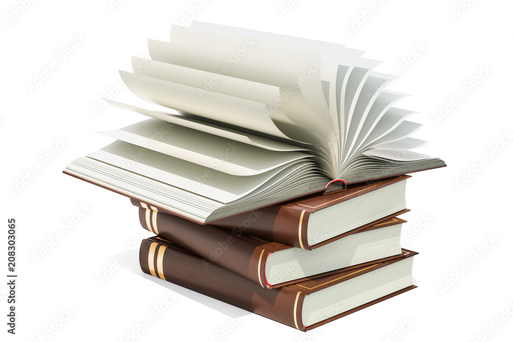 Fototapeta premium Opened blank book on the heap of books, 3D rendering