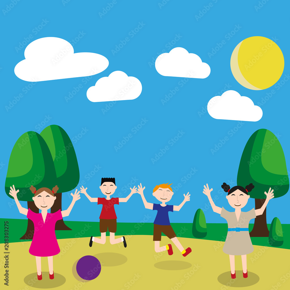  four children/Four children rejoice at the fact that summer, a ball game. Children play football. Boys and girls jump, have fun. Friends on Vacation. 