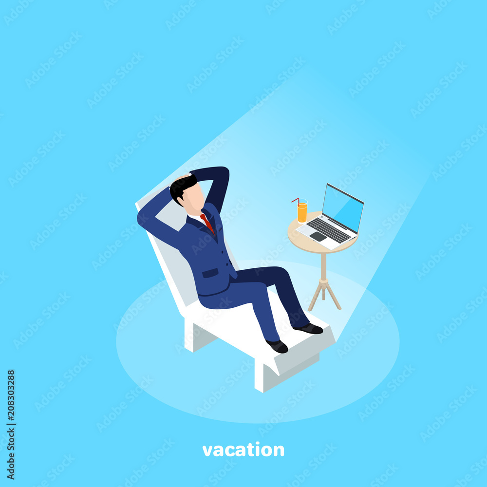 a man in a business suit relaxes on a lounger and next to the table is a laptop and a glass with a cocktail, an isometric image a man in a business suit relaxes on a lounger and next to the table is a laptop and a glass with a cocktail, an isometric image