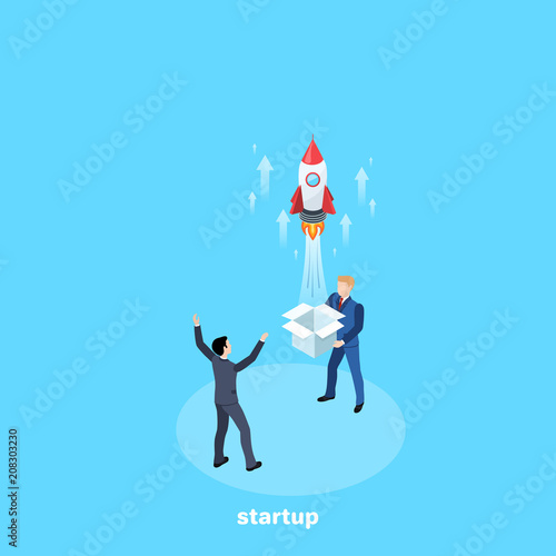 a rocket from an open box in the hands of a man in a business suit, an isometric image