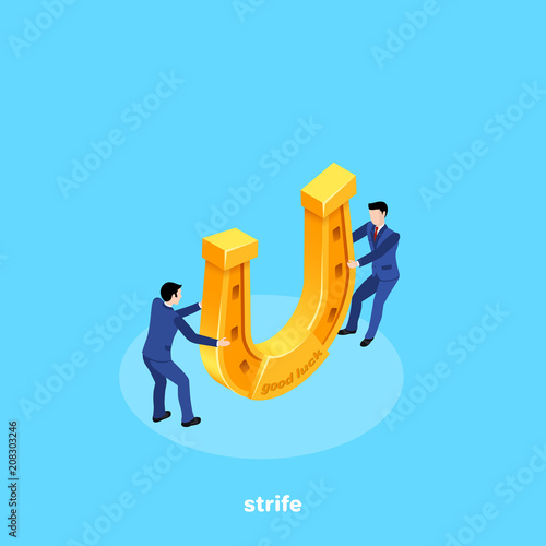 Men in business suits try to take away from each other a golden horseshoe, an isometric image