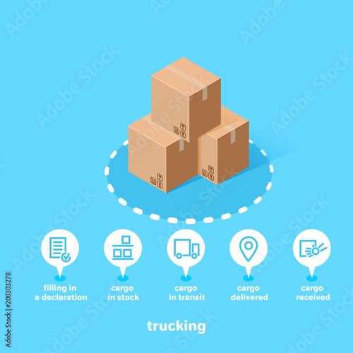 set of icons for shipping and boxes on a blue background, isometric image
