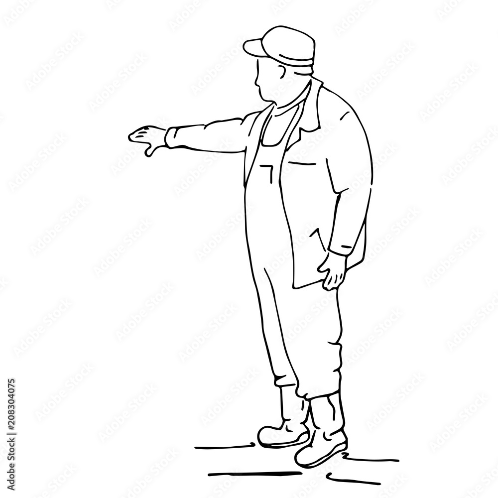 Obraz premium Business man master points to the background with his hand. Vector sketch illustration.