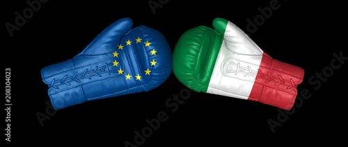 eu crisis italy exit leaving eurozone italexit european union conflict confrontation problems 3d boxing glove flags isolated on black background photo