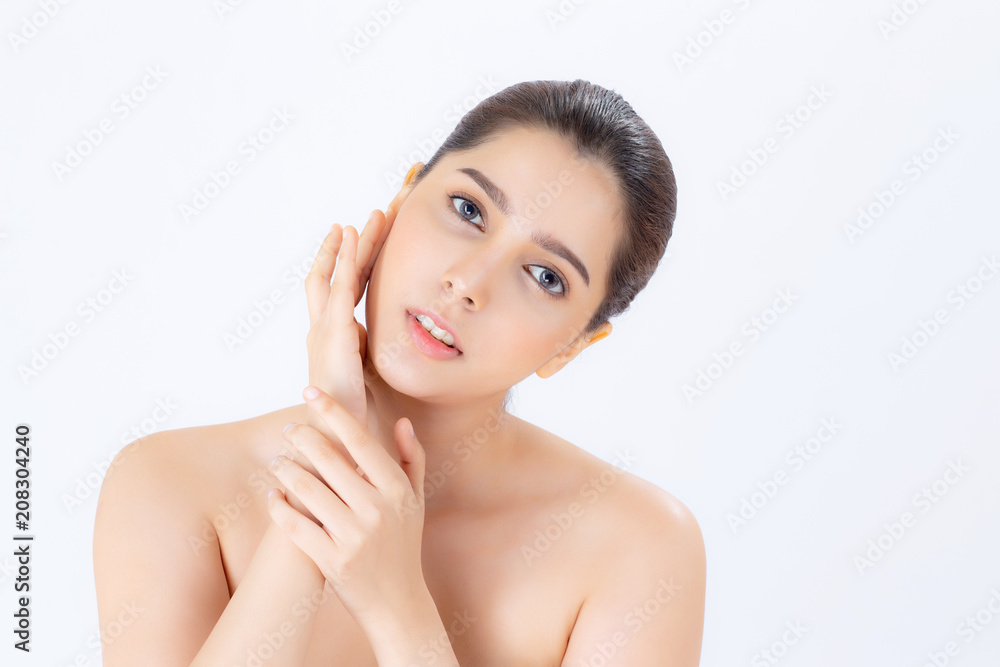 Portrait of beautiful woman makeup of cosmetic, girl hand touch cheek and smile attractive, face of beauty perfect with wellness isolated on white background with skin healthcare concept. Portrait of beautiful woman makeup of cosmetic, girl hand touch cheek and smile attractive, face of beauty perfect with wellness isolated on white background with skin healthcare concept.