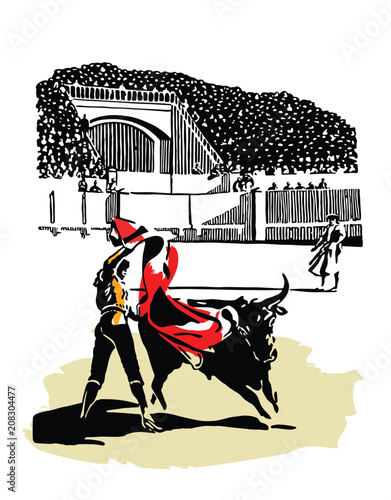matador in the arena with a bull on a white background