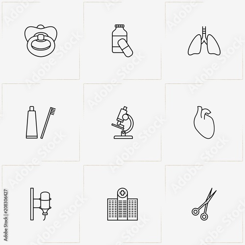 Hospital line icon set with lungs, baby pacifier and scissor