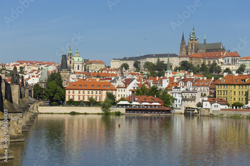 Spring Prague gothic Castle with the Lesser Town above River Vltava in the sunny Day, Czech Republic