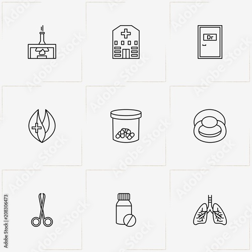 Hospital line icon set with pills, baby pacifier and flask