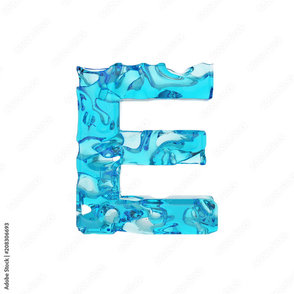 Fototapeta premium Alphabet letter E uppercase. Liquid font made of fresh blue water. 3D render isolated on white background.