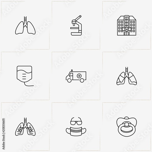 Hospital line icon set with hospital , medical mask with spectacle and baby pacifier