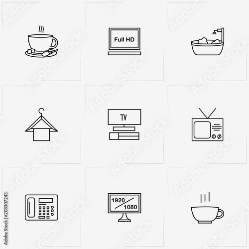 Hotel line icon set with hanger, television and cup of tea