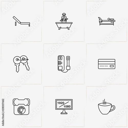 Hotel line icon set with chaise, television and keys