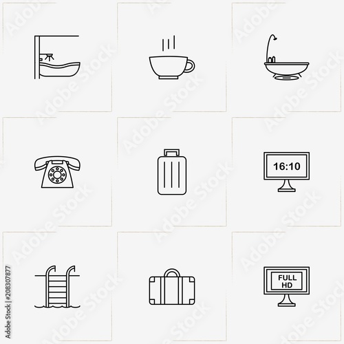 Hotel line icon set with swimming pool ladder, television and cup of tea