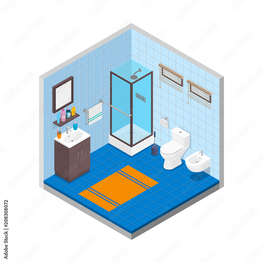 Vector bathroom isometric design interior template. Room with tiles rug bathtub toilet bowl bidet trashcan windows skincare cosmetic and towel illustration