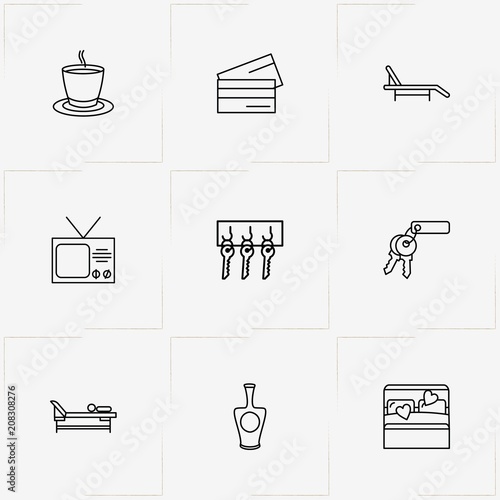 Hotel line icon set with keys , cognac and television