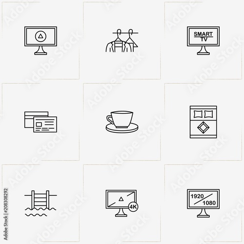 Hotel line icon set with bed, television and cup of tea