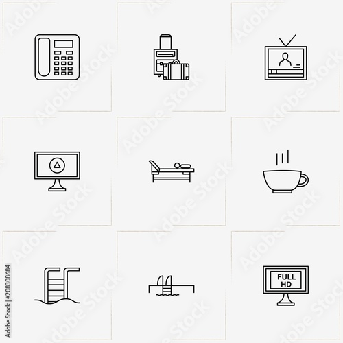 Hotel line icon set with swimming pool ladder, baggage and television