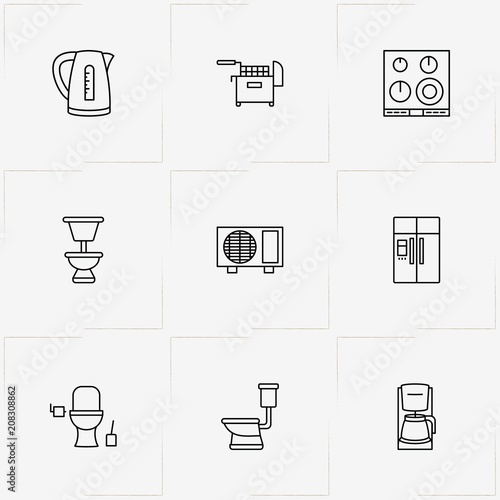 House Application line icon set with coffee machine , fryer and refrigerator