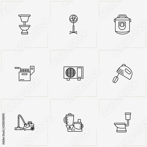 House Application line icon set with juicer, mixer  and fryer